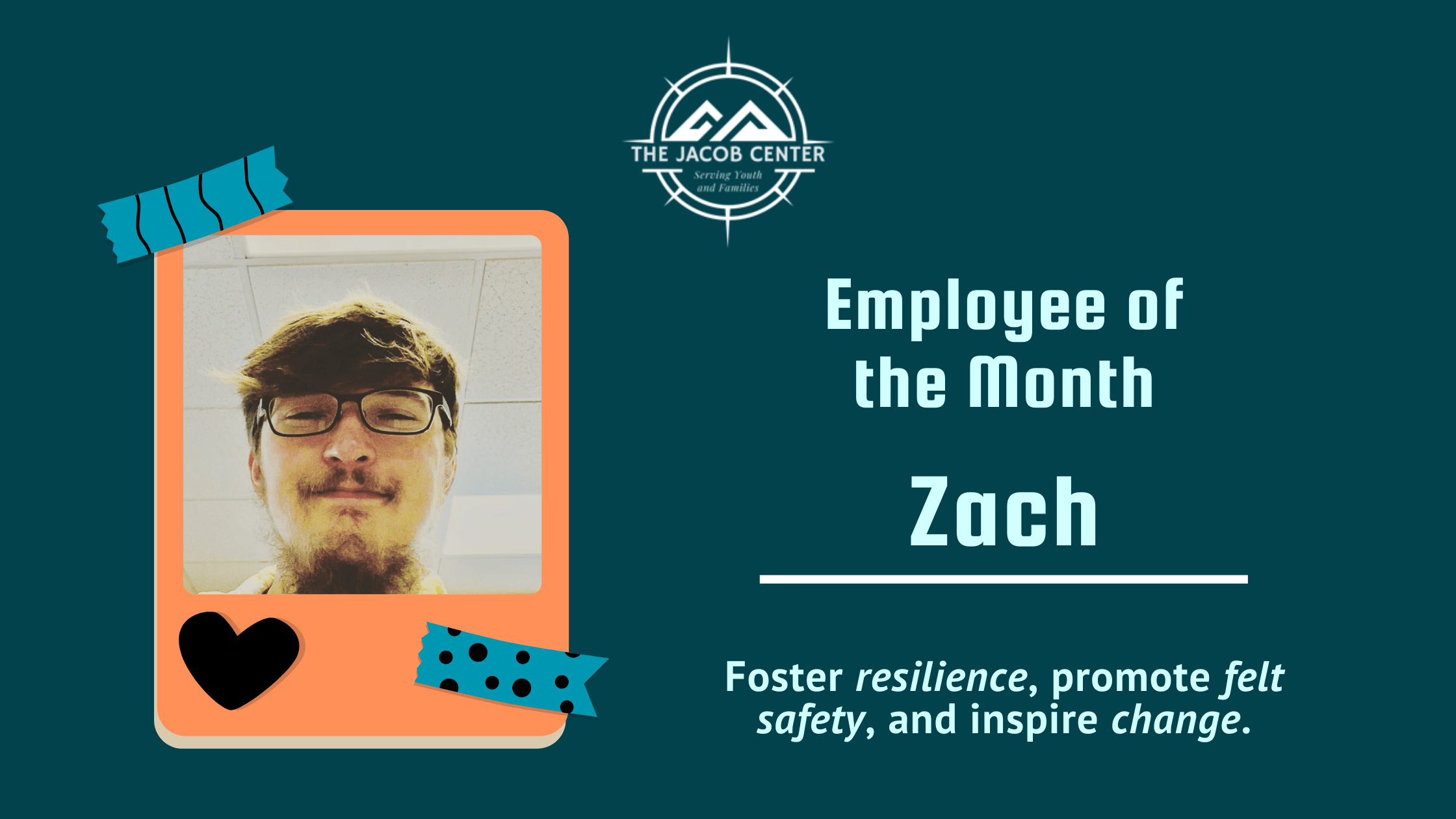 A picture of Jach, who works at the Jacob Center, and was recognized as employee of the month.
